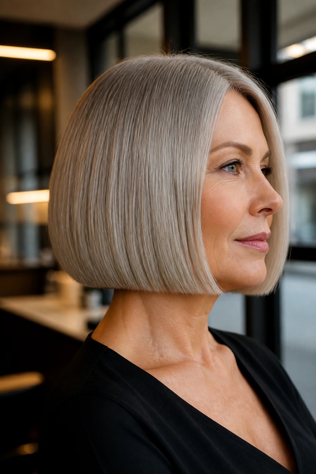 Real woman with sleek glass bob, glossy straight hair