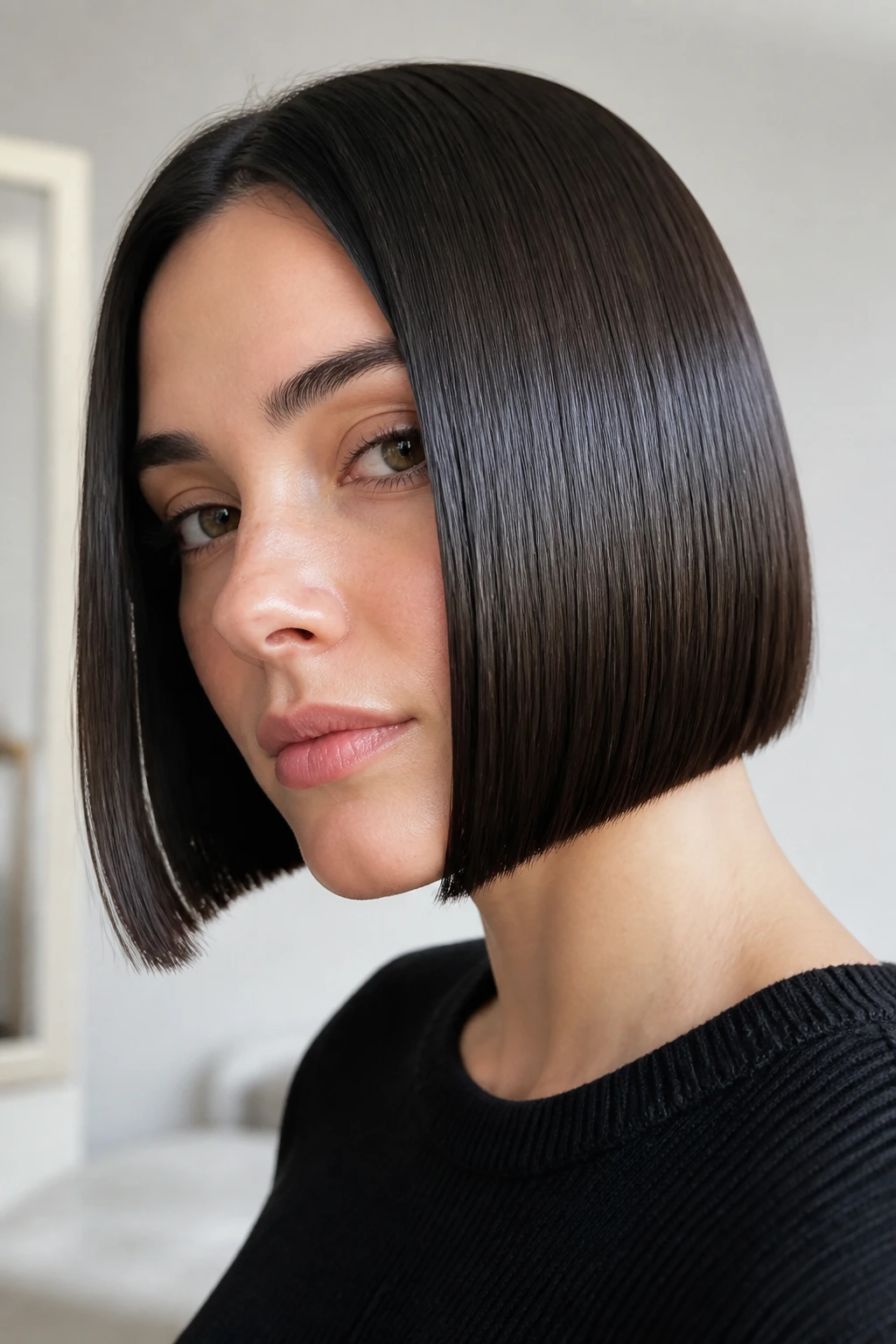 Close-up real woman with Sleek Glass Bob and high shine