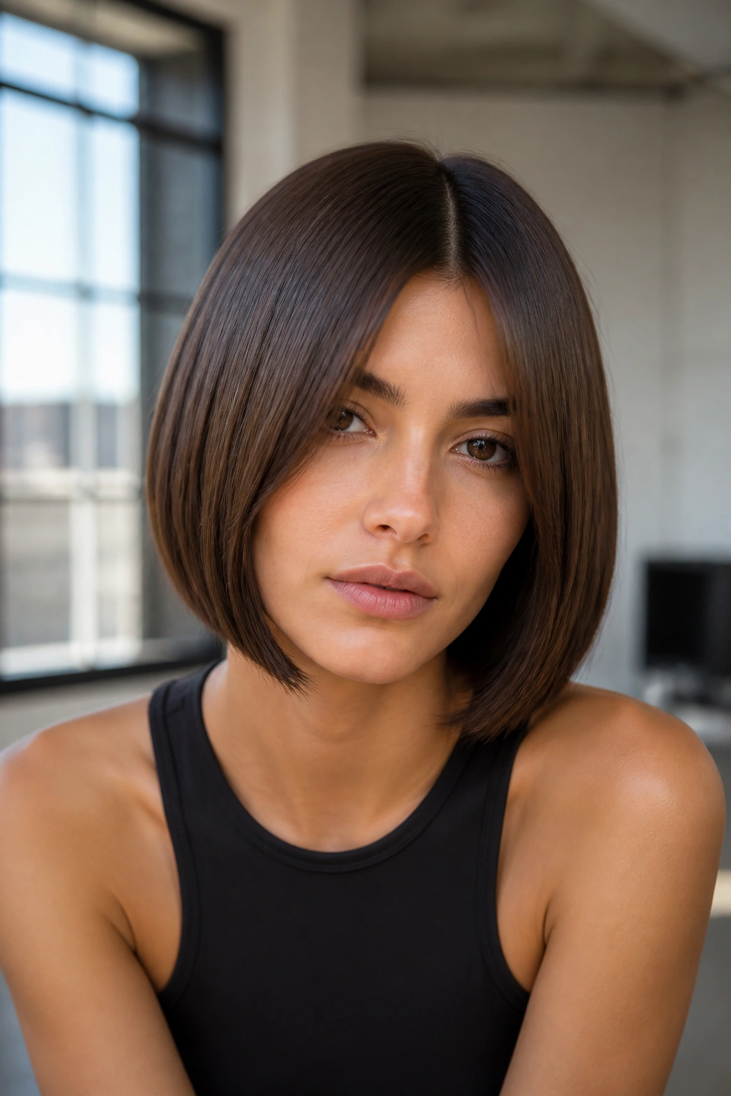 Portrait of woman with sleek glass bob and sharp center split in bright modern loft