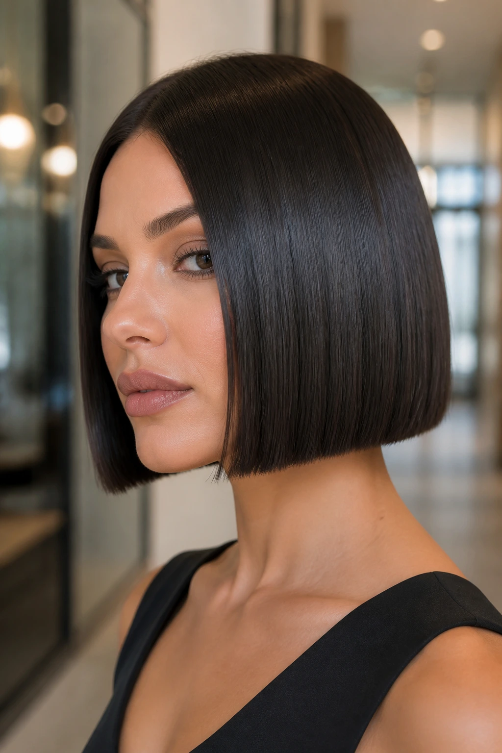 Real woman with a sleek glass bob and sharp finish