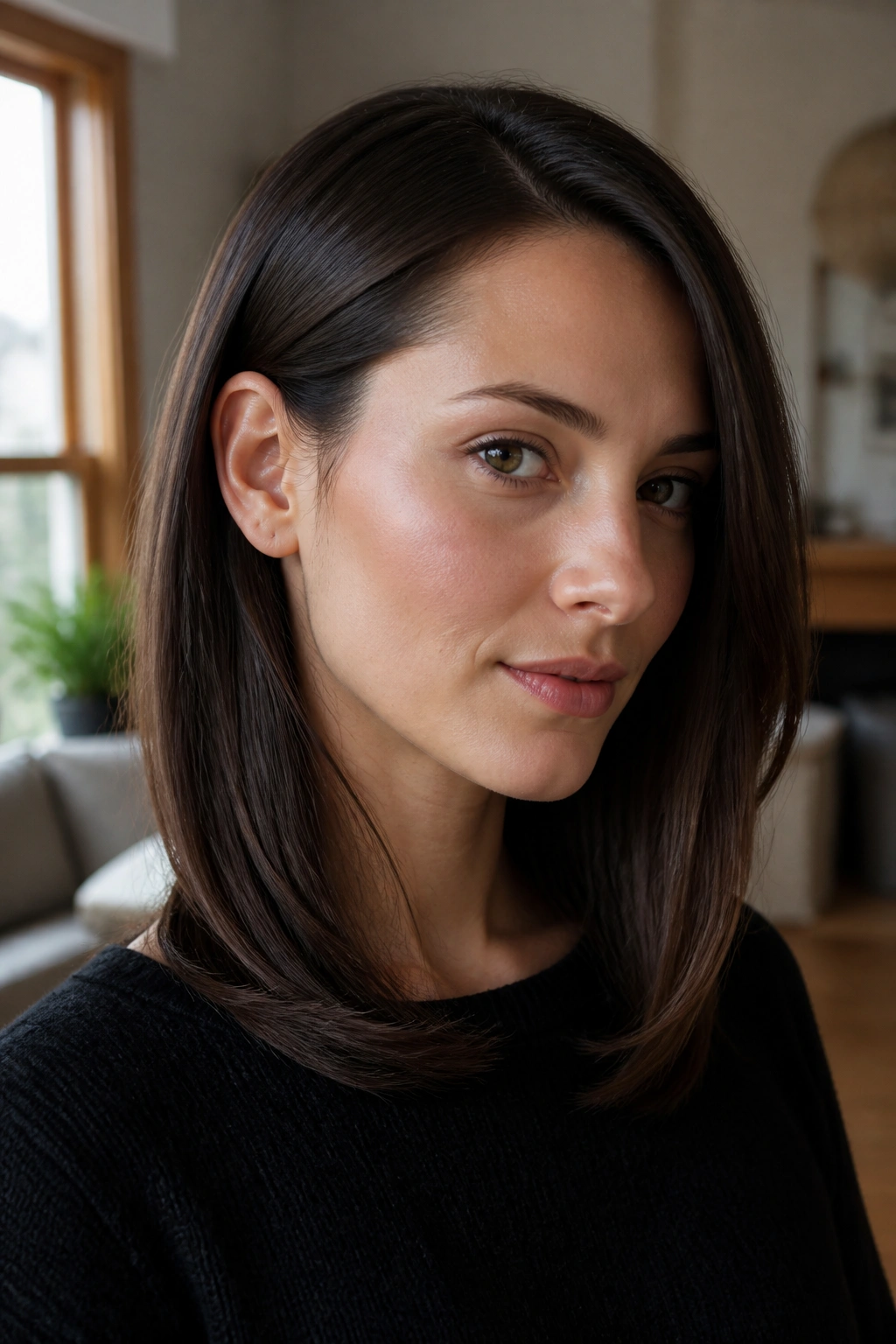 Close-up portrait of a woman with sleek shoulder-length hair and beveled ends in warm window light