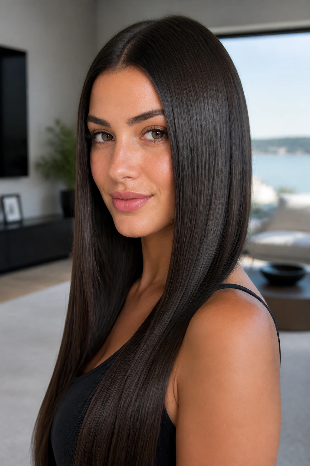 Close-up of a real woman with sleek glossy straight hair