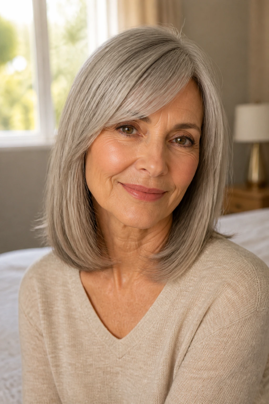 Close-up portrait of a real woman with a sleek shoulder-length cut and side fringe