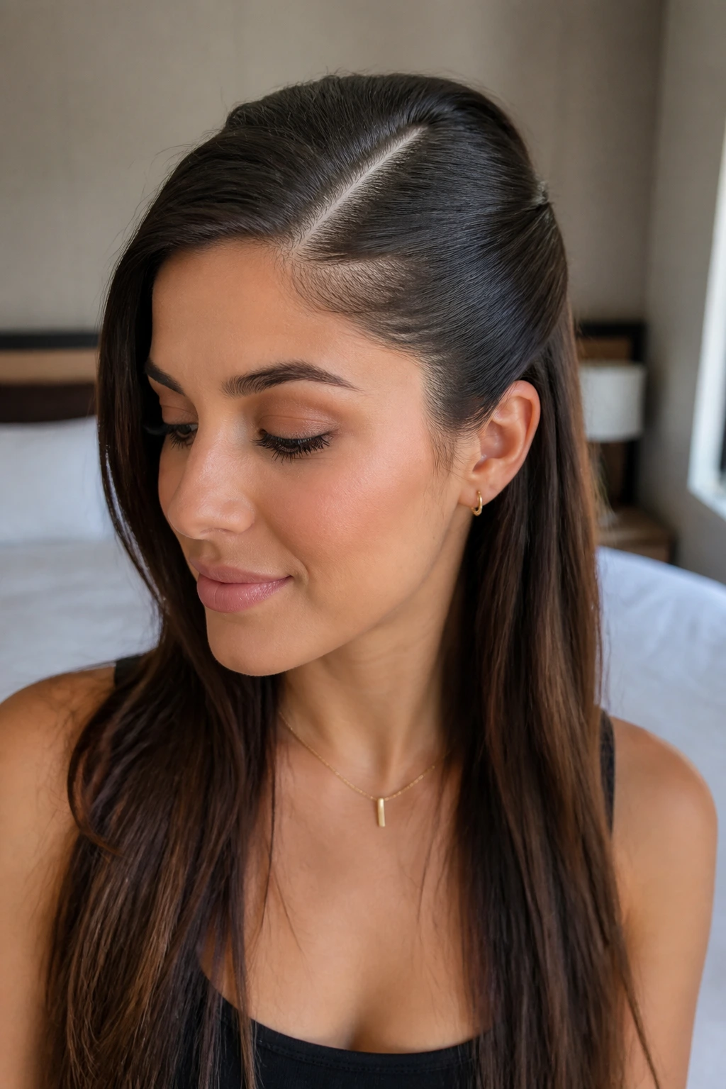 Close-up portrait of a real woman with a sleek half-up and deep part