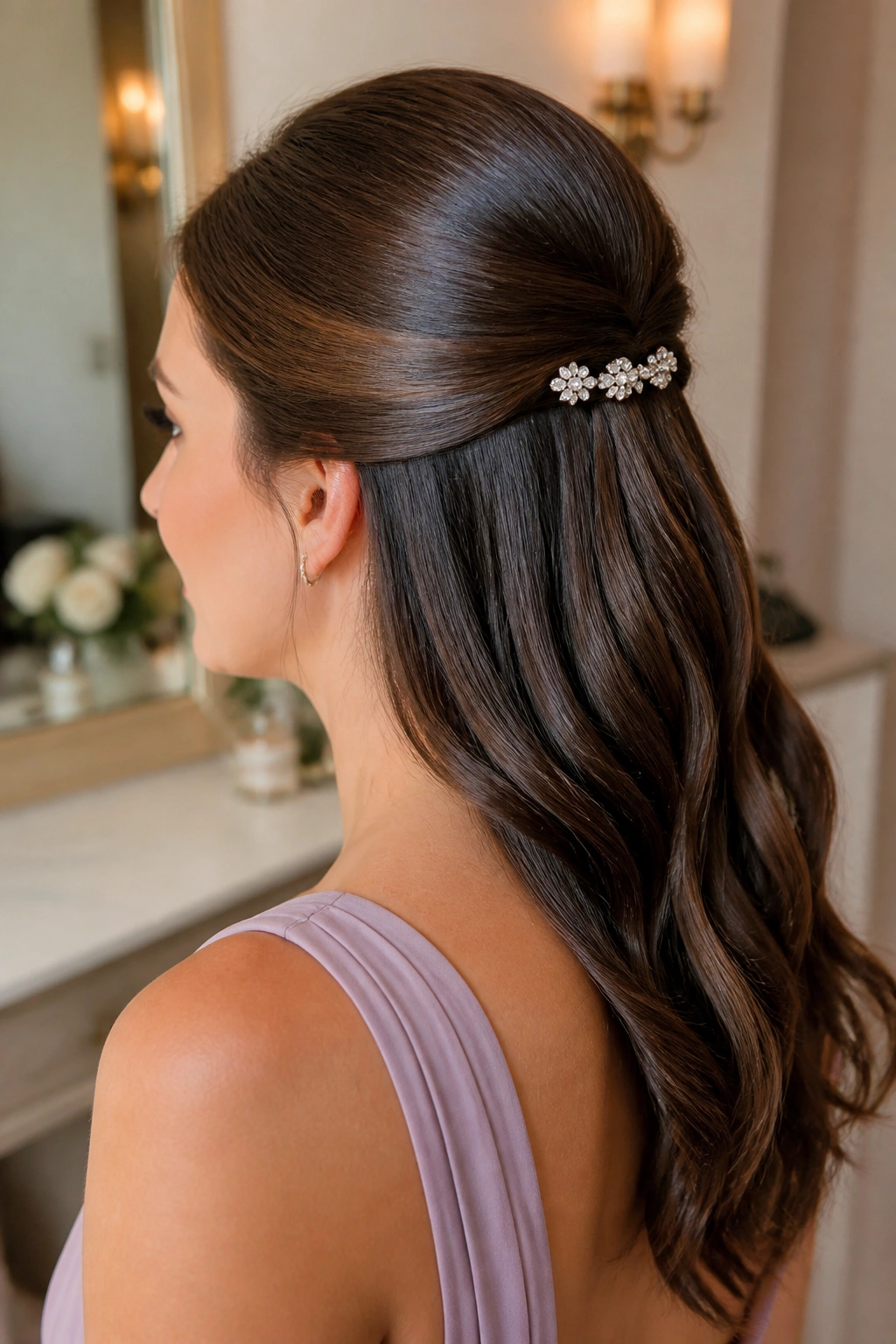 Close-up of a real woman with a sleek half-up hairstyle and barrette cluster