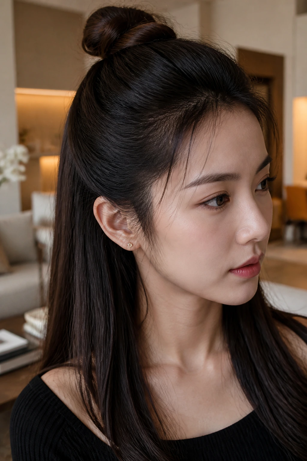 Real woman with a sleek half-up knot hairstyle in warm indoor lighting