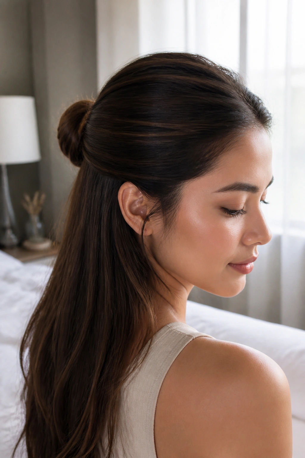Close-up portrait of a real woman with a sleek half-up knot hairstyle.