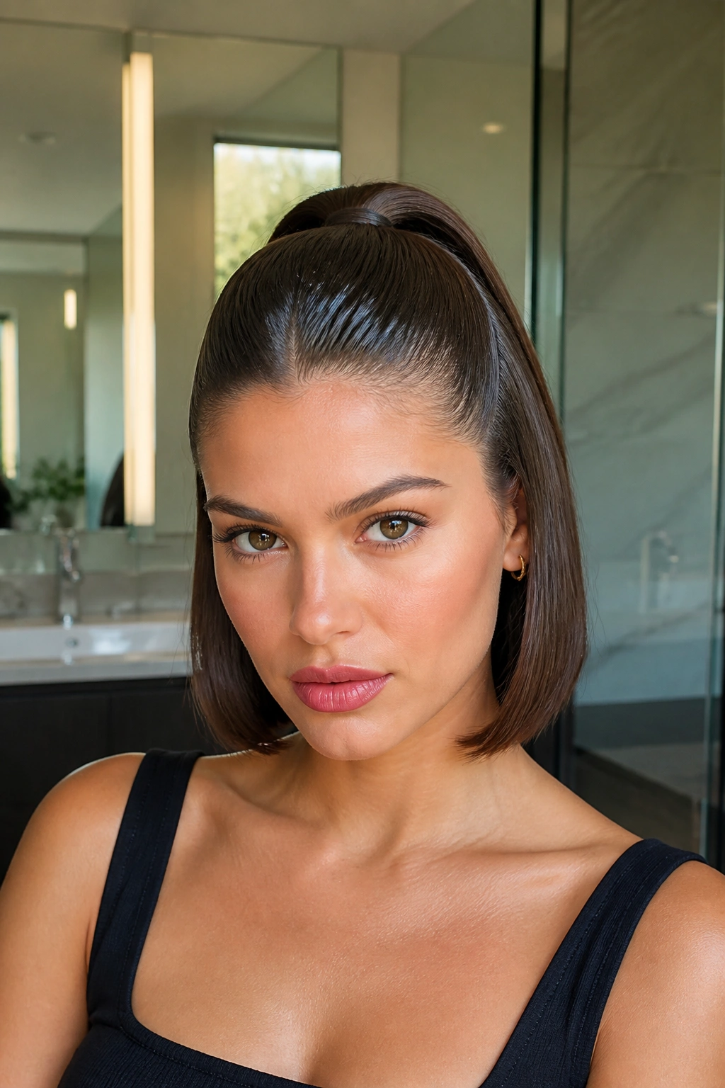 Close-up of a real woman with a sleek half-up ponytail and glass finish