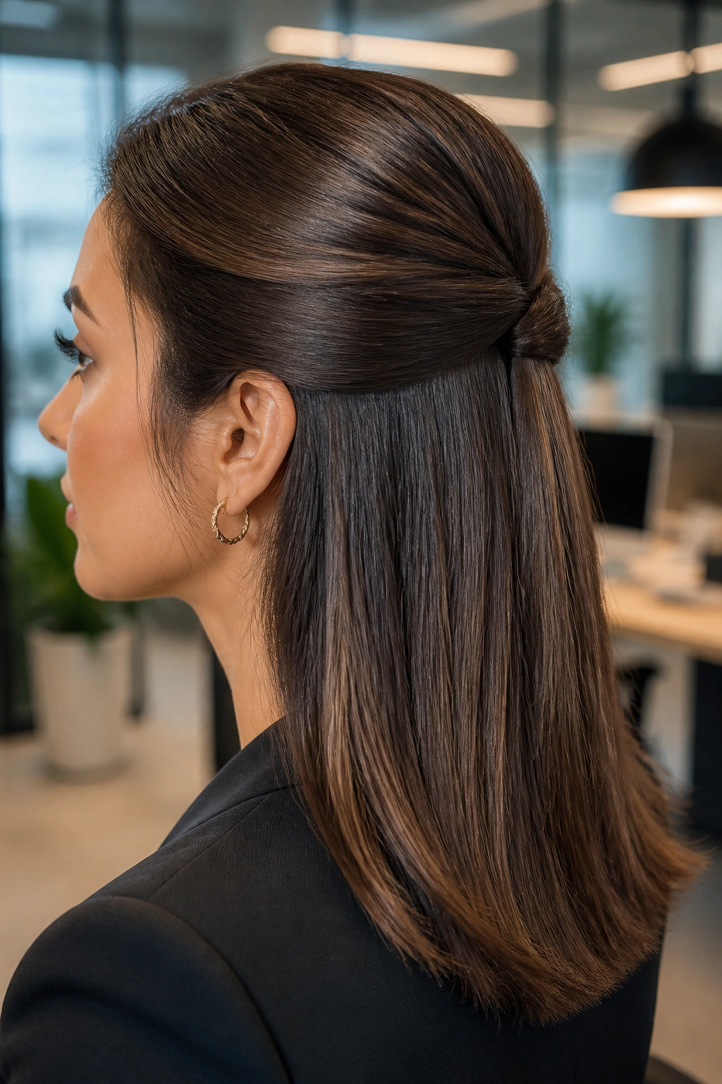 Close-up of a real woman with a sleek half updo and straight glossy ends