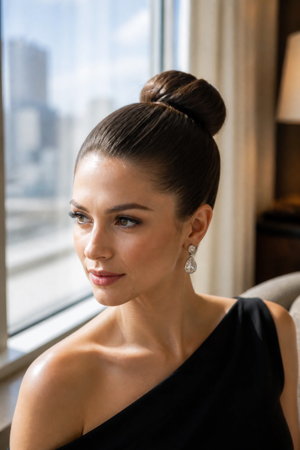 Close-up of a woman with a sleek high bun and lifted crown.