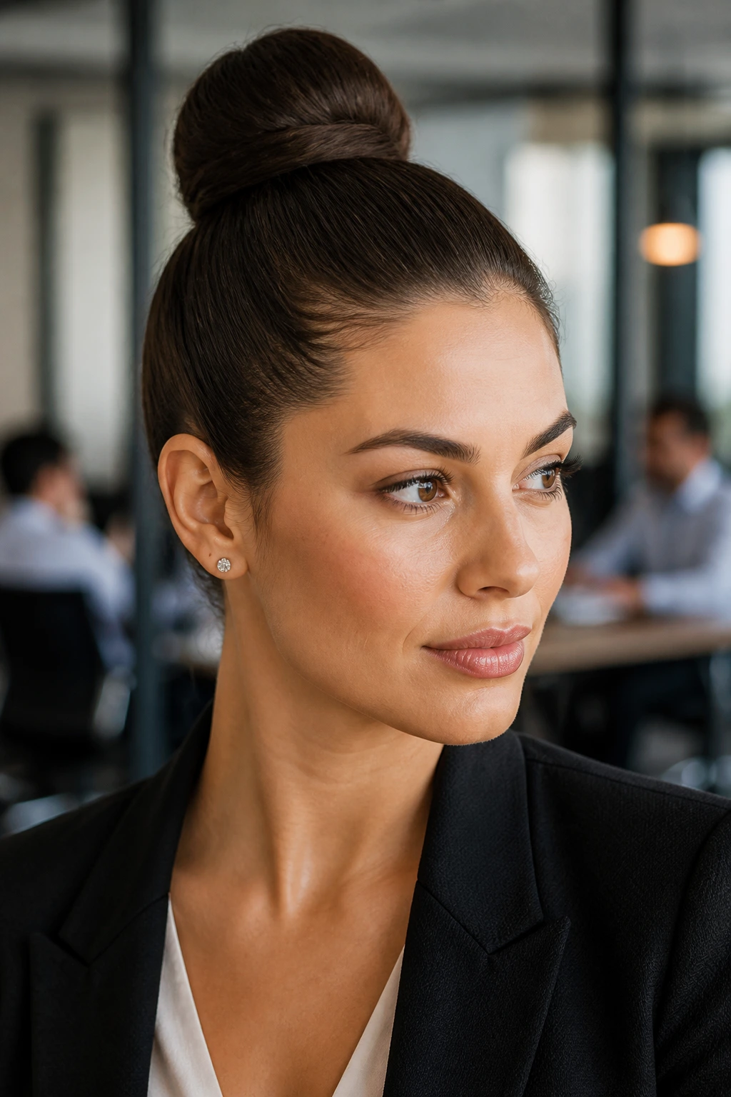 Close-up of a real woman with a sleek high bun in an office setting