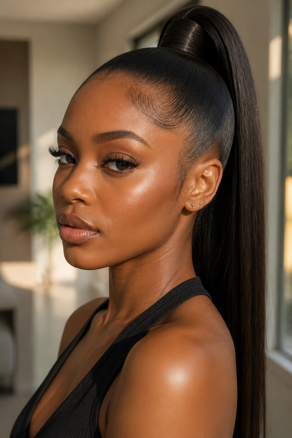 Close-up portrait of a Black woman with a sleek high ponytail.