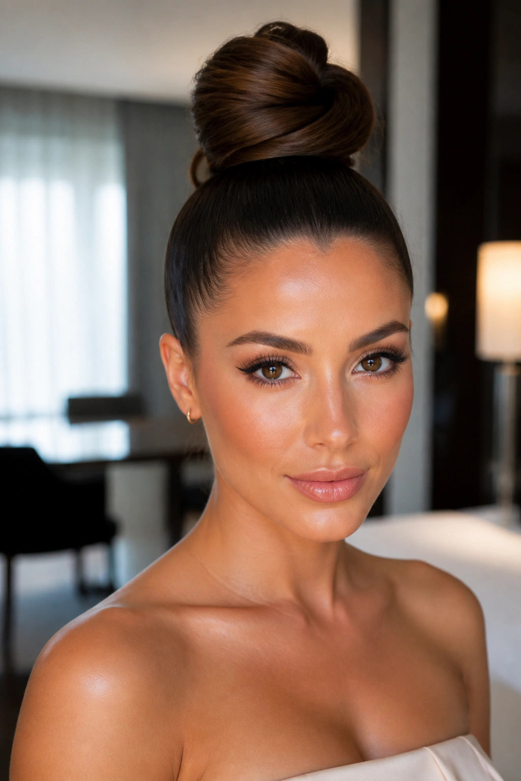 Real woman with a sleek high top knot hairstyle