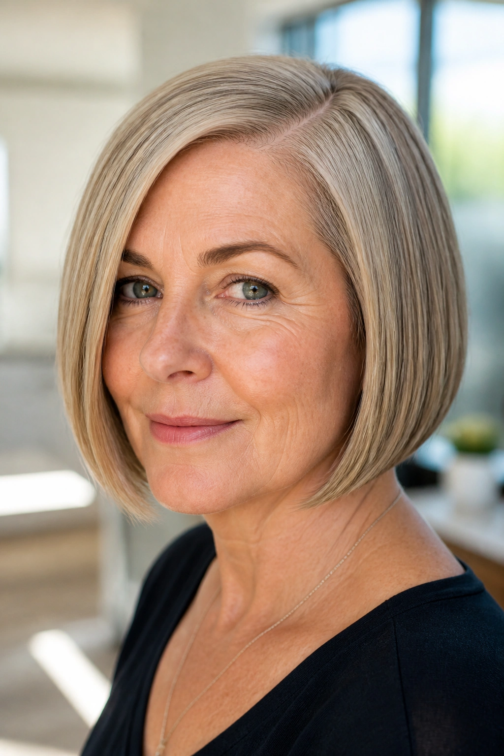 Close-up of a real woman with a sleek jaw-length bob and side part.