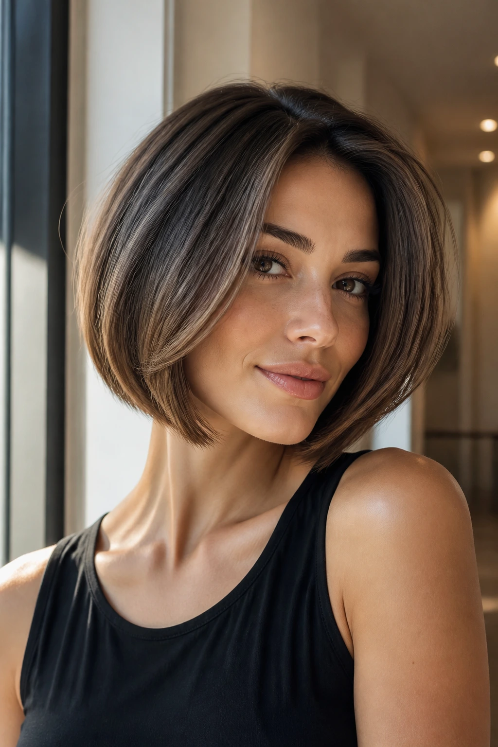 Portrait of a real woman with sleek beveled layered bob.