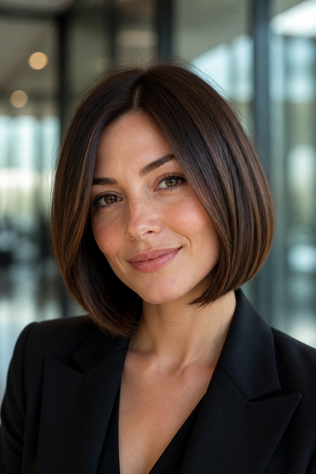 Portrait of a real woman with a sleek layered bob in a modern office setting.