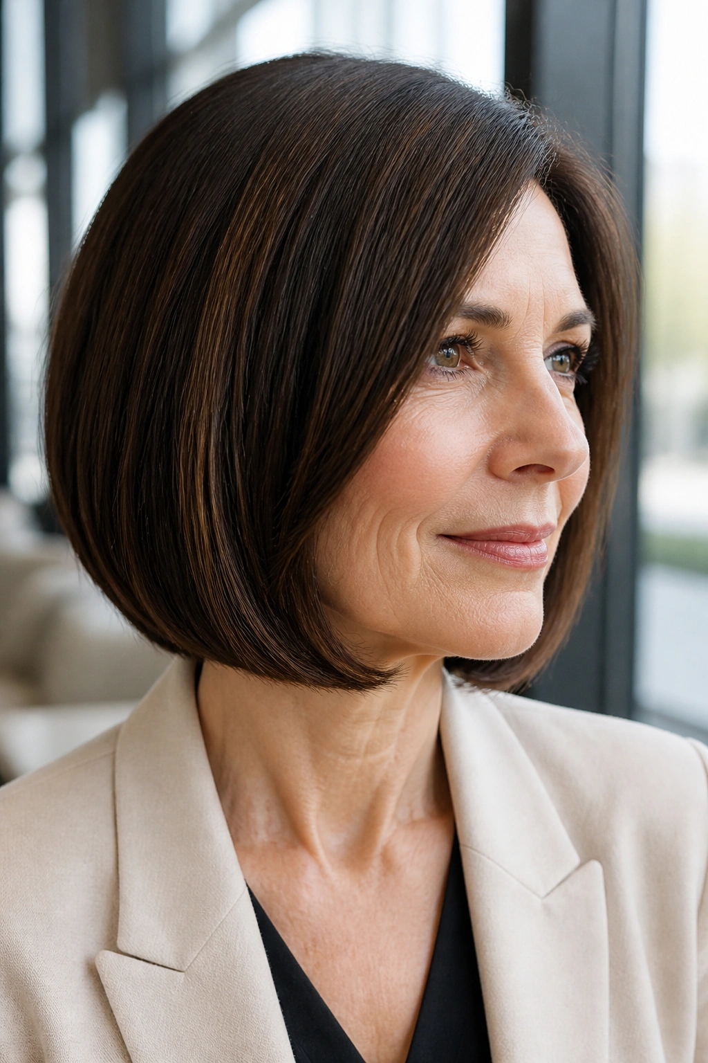Close-up portrait of real woman with sleek layered bob and polished ends in natural light.