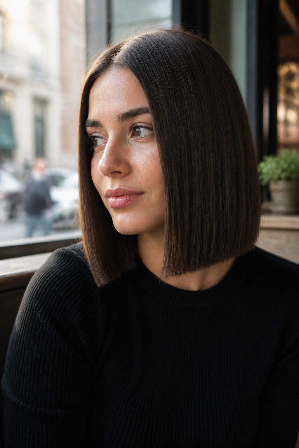 Close-up of a real woman with a blunt one-length lob in cafe light