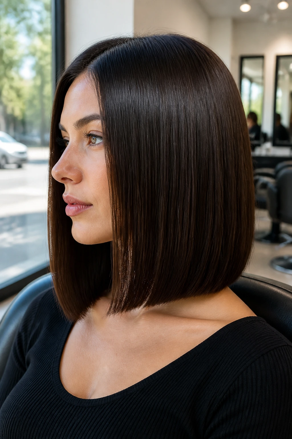 Close-up of a real woman with a sleek collarbone-length lob in a sunny salon