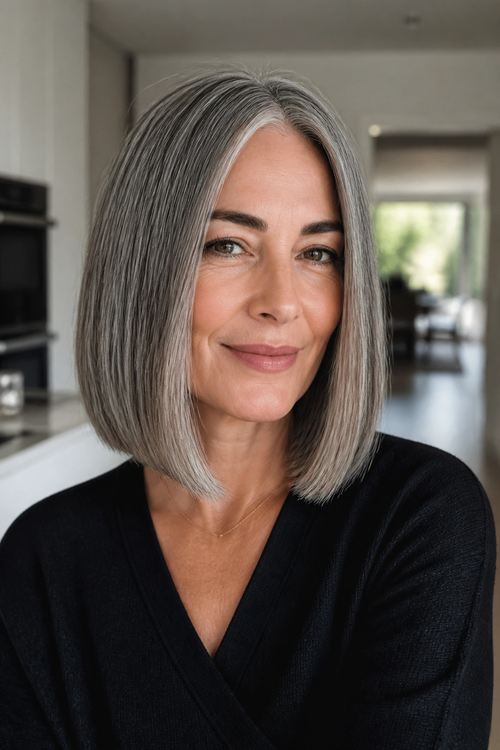 Close-up of a woman with a sleek lob and glassy shine in natural light