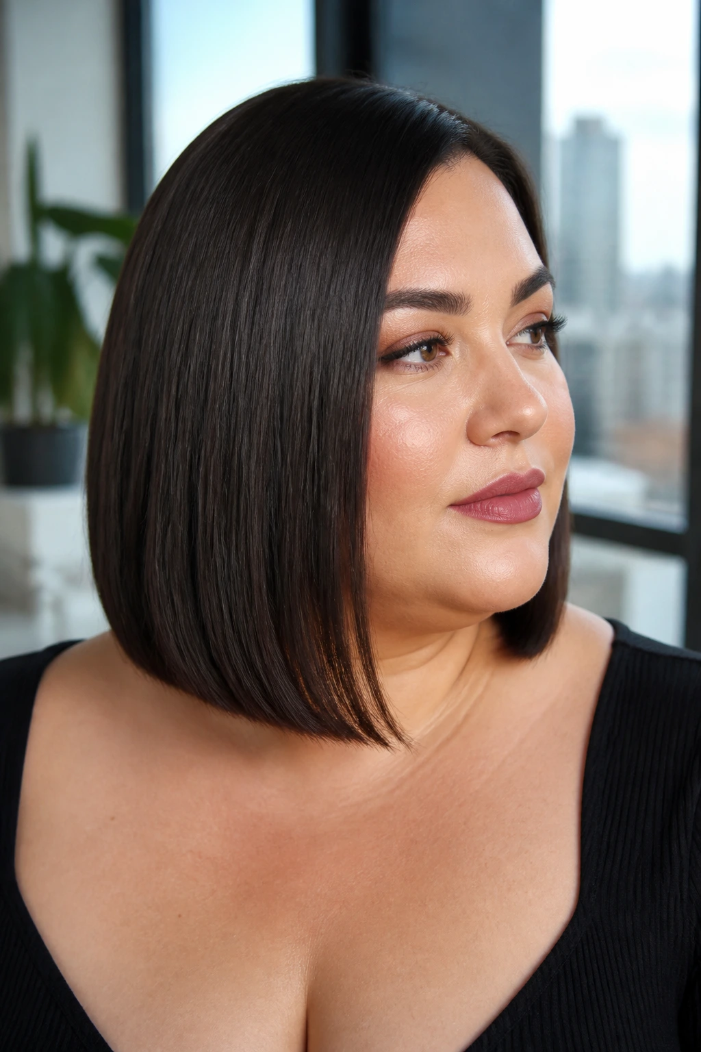 Portrait of a woman with a sleek long bob, collarbone-length hair under soft natural light