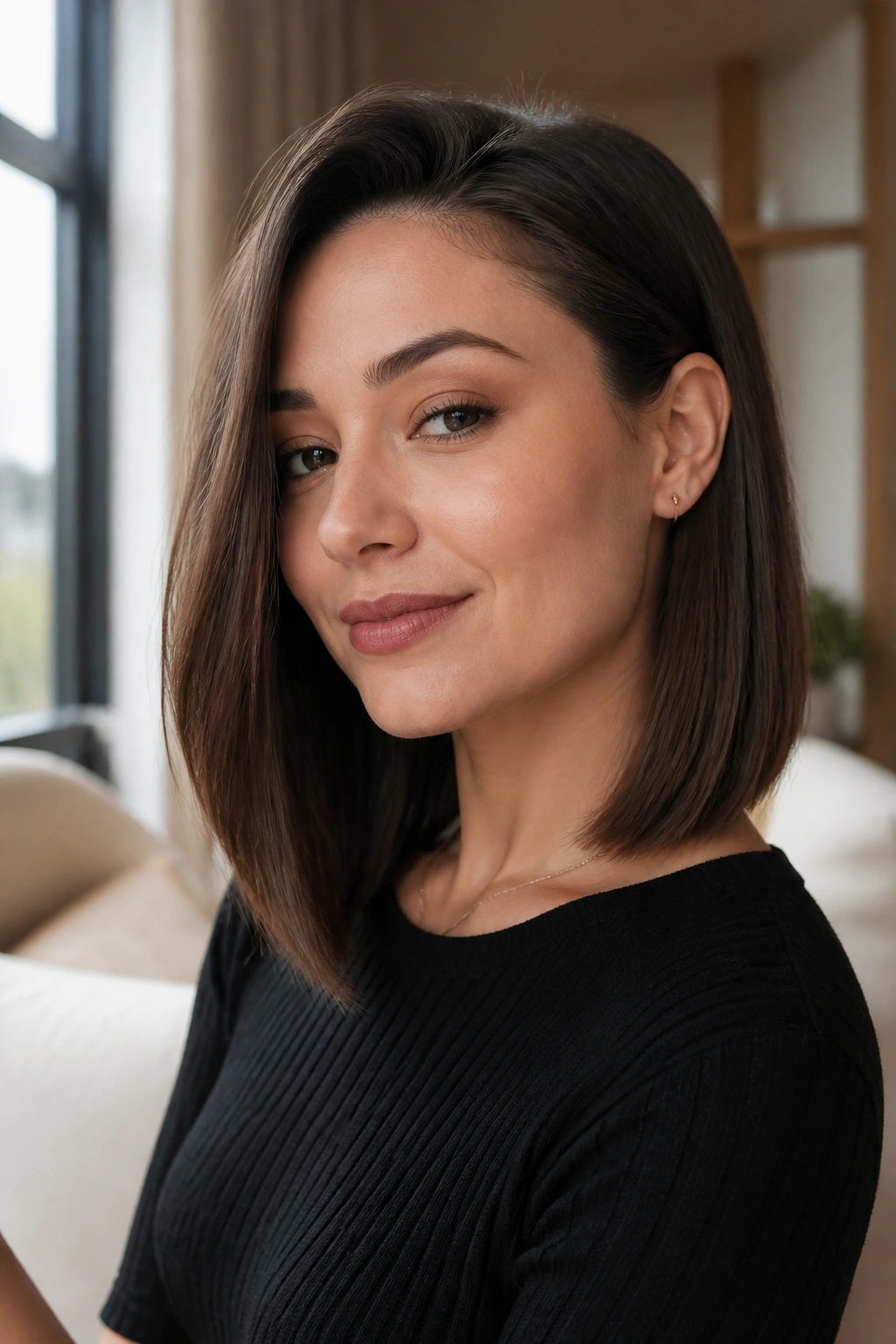 Three-quarter portrait of a real woman with a sleek lob tucked behind one ear