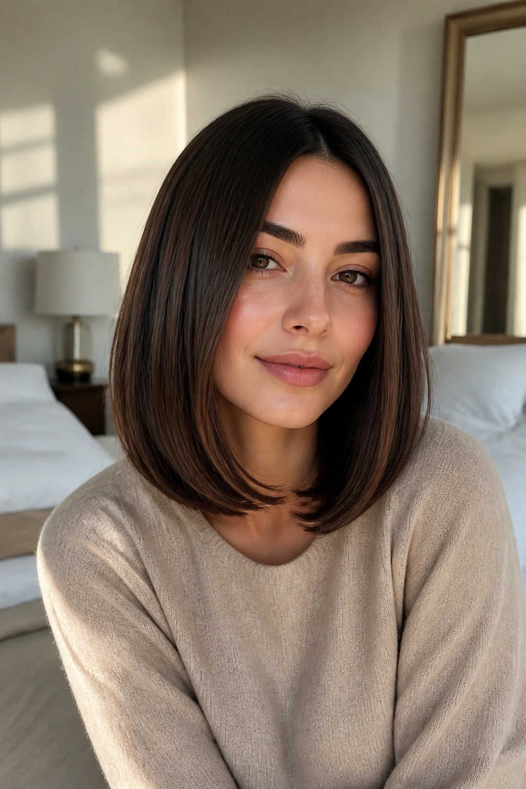 Close-up of a real woman with Sleek Lob with Tucked Ends, polished shoulder-length hairstyle