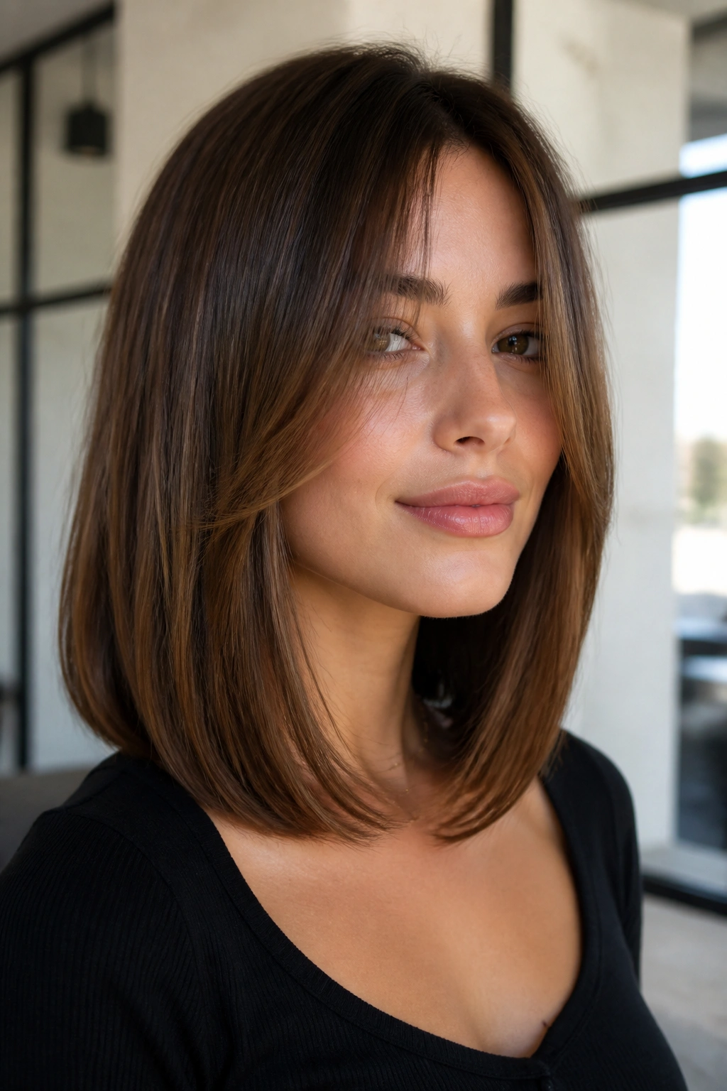 Close-up portrait of a real woman with a sleek long bob and long curtain bangs.