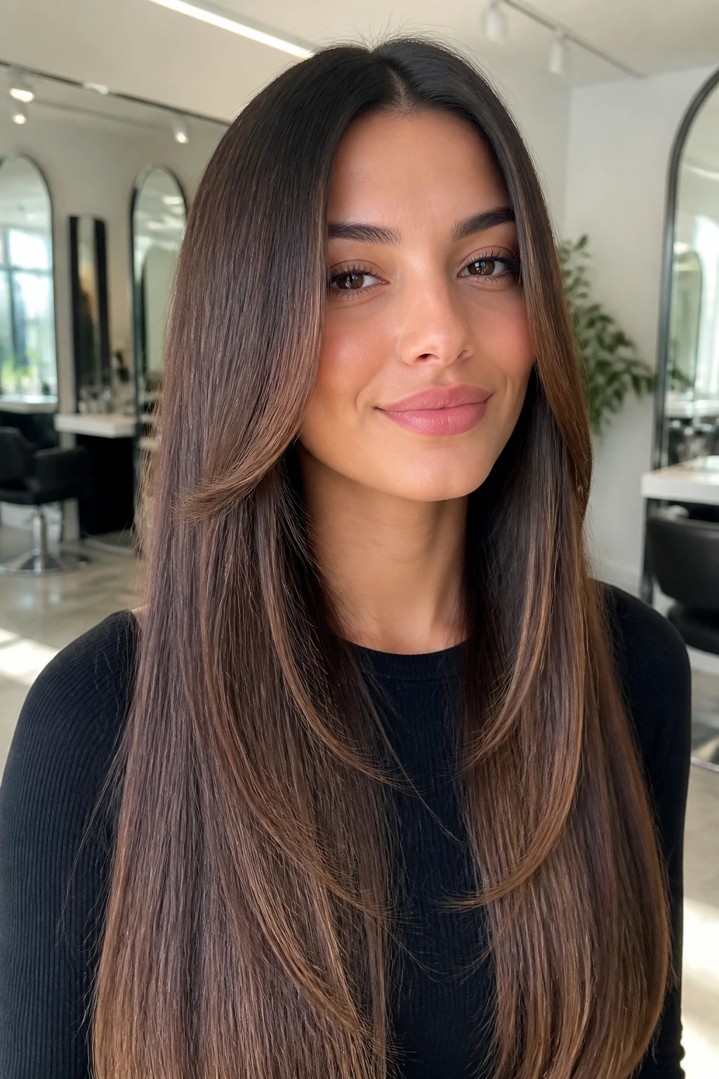 Close-up of a real woman with sleek long hair and tapered face frame in a bright salon