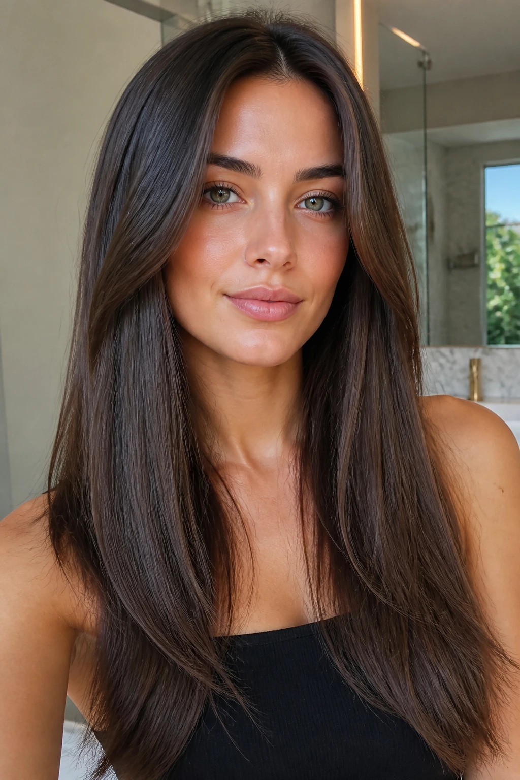 Portrait of a real woman with sleek long hair and invisible layers for a smooth finish