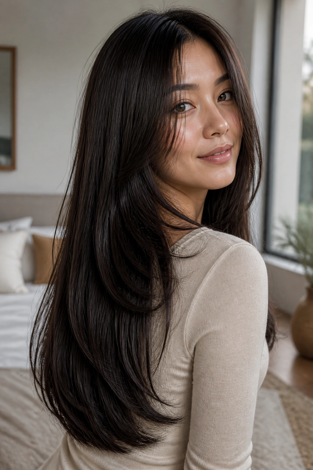 Close-up of a real woman with sleek U-shaped long layers, collarbone-shortest layer and mid-back length in natural light.