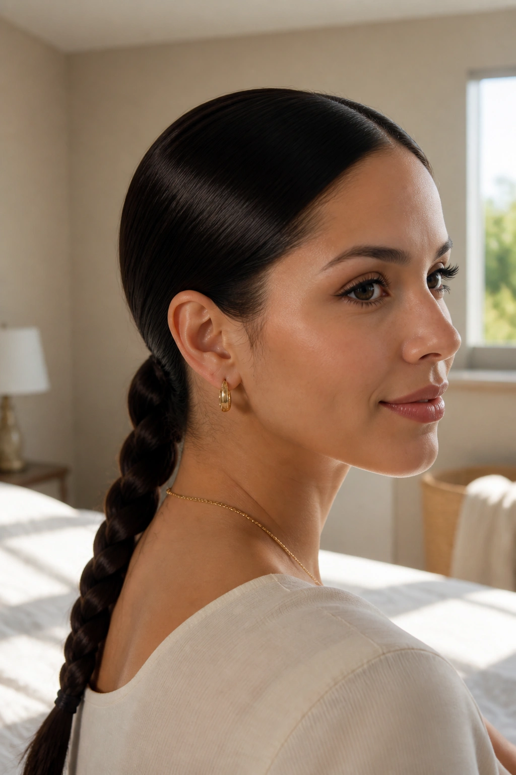Close-up of a real woman with a sleek low braid at the nape, natural window light