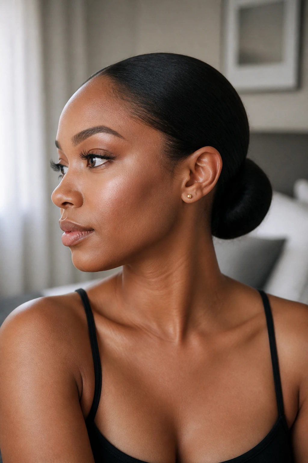 Close-up of a real person with a sleek, glossy low bun.