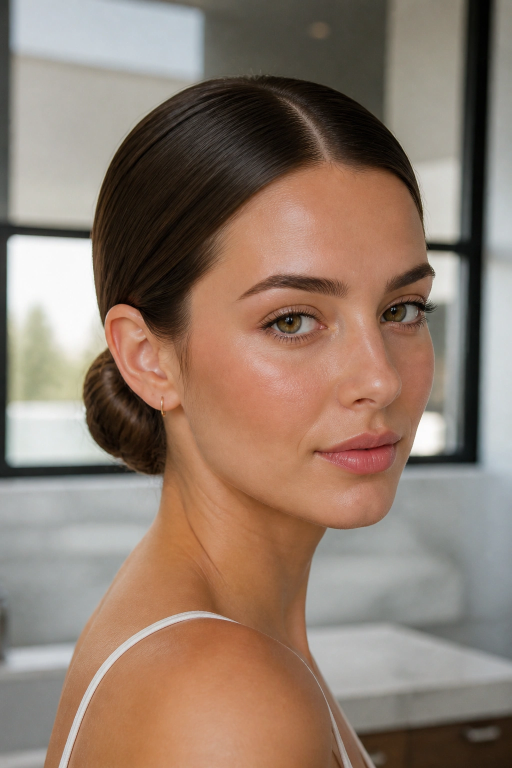 Close-up of a woman with a sleek middle-part low bun