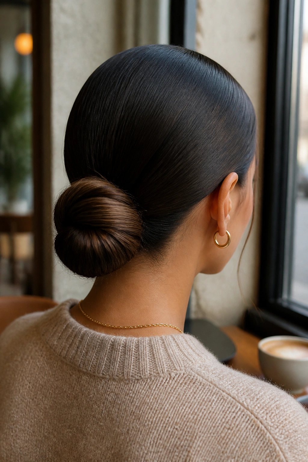 Back view of sleek low bun with center part at nape
