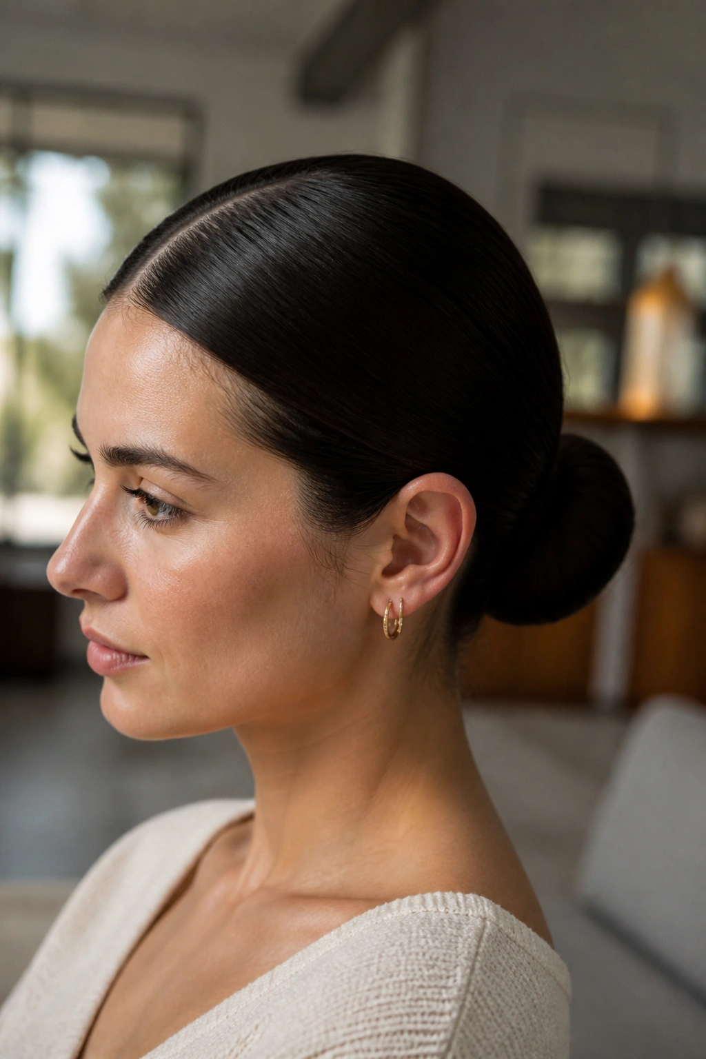 Close-up of a real woman with a sleek center-part low bun