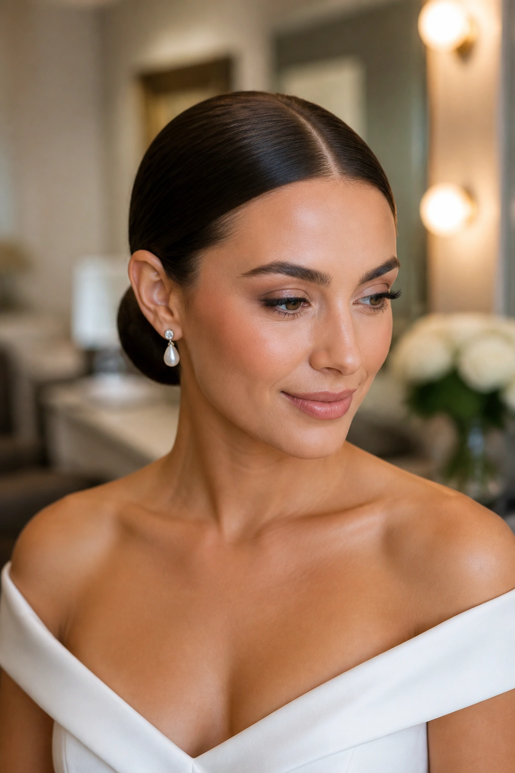 Bride with a sleek low bun and center part.