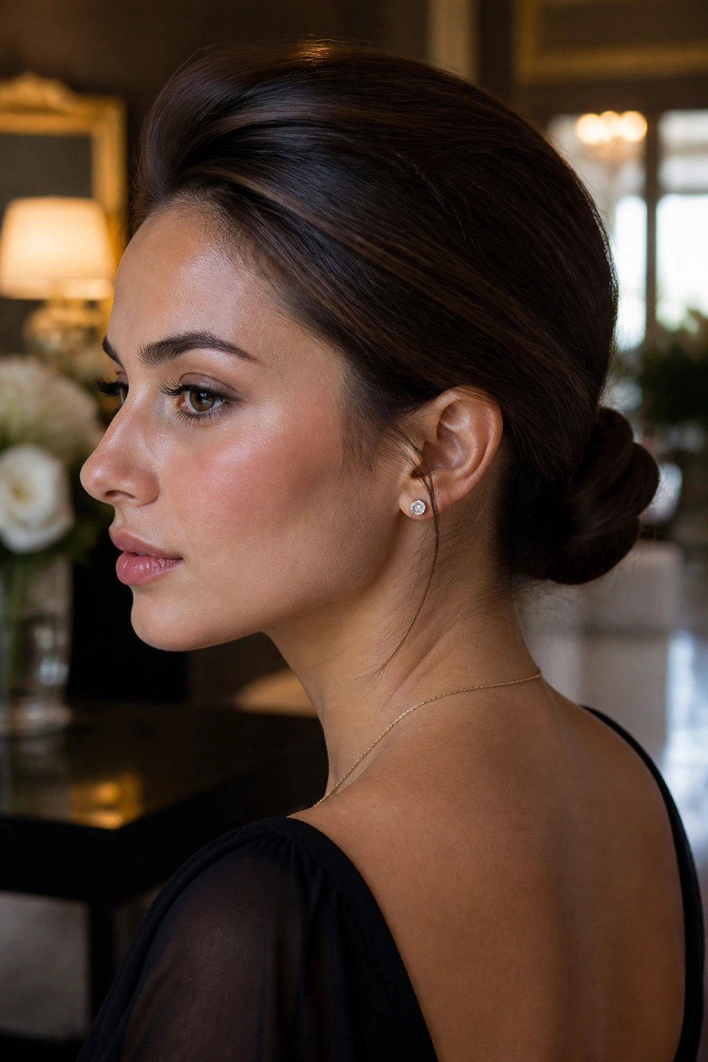 Close-up of a woman with a sleek low bun and crown lift