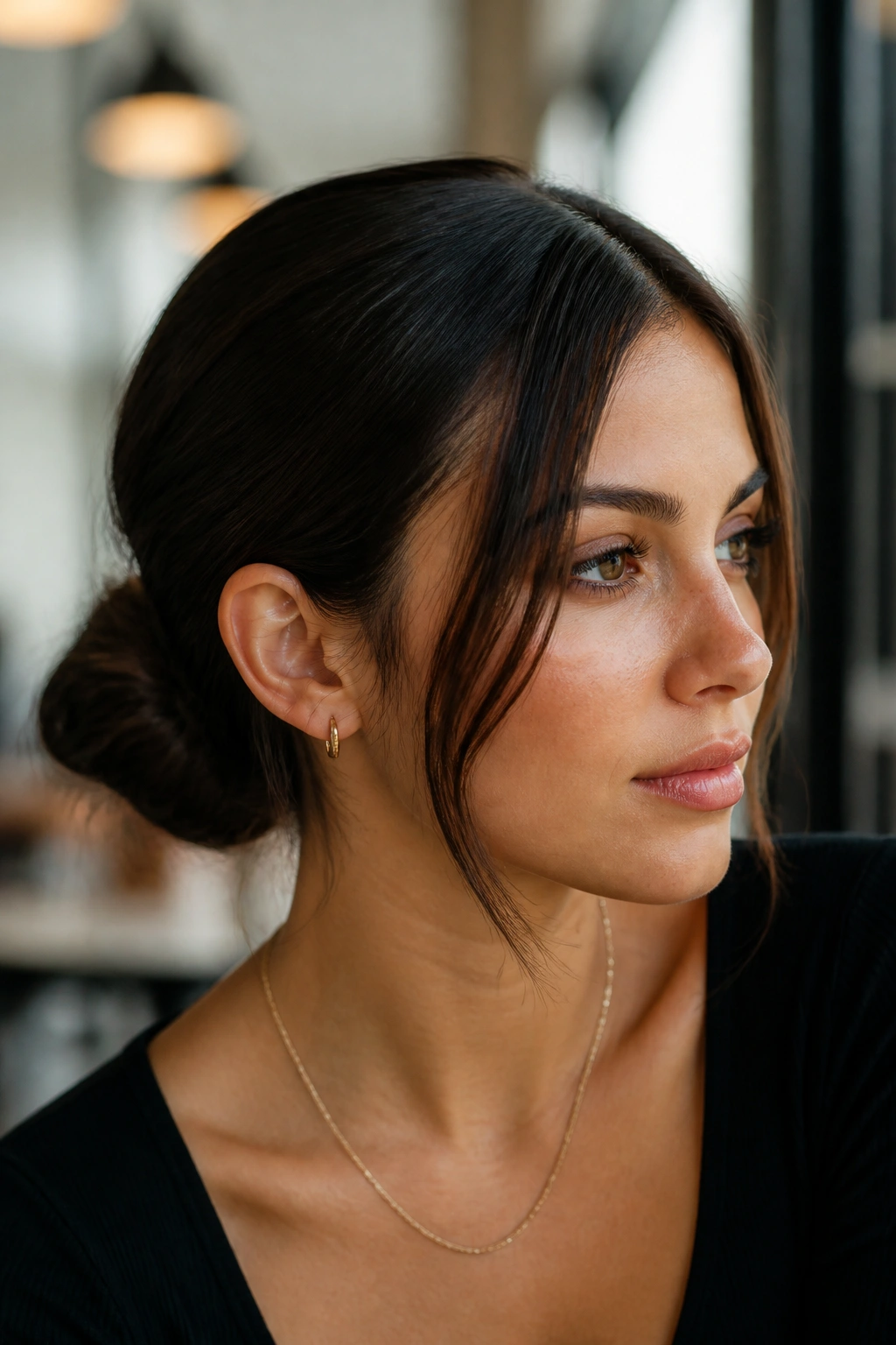 Close-up of a real woman with a sleek low bun and face-framing side pieces