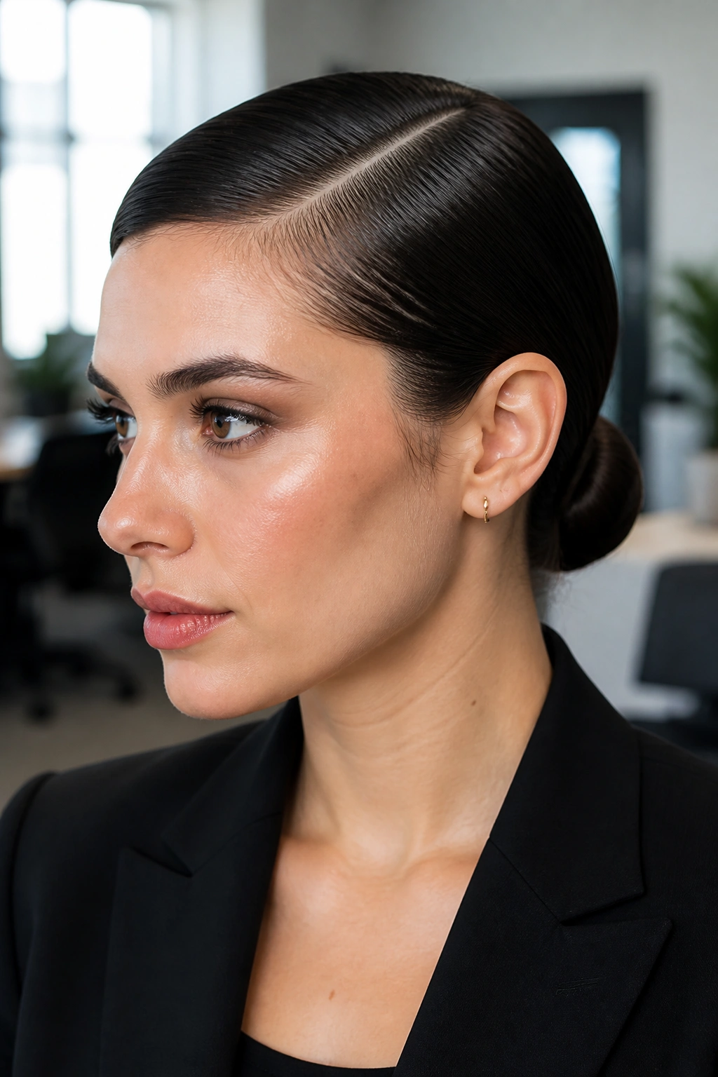 Front-left profile of a real woman with a deep side part and a sleek low bun.