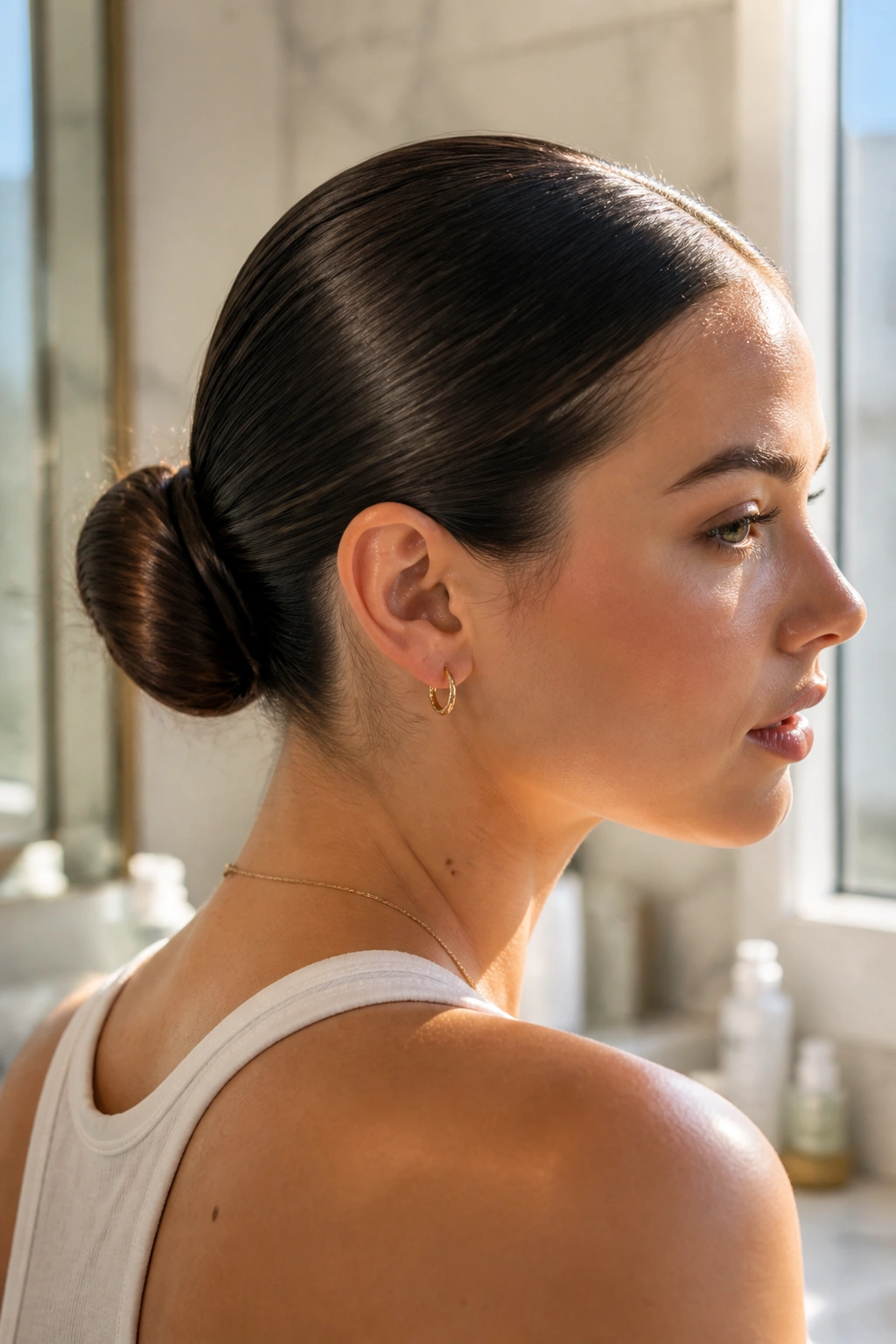 Close-up of a real woman with a sleek low bun at the nape in natural morning light.