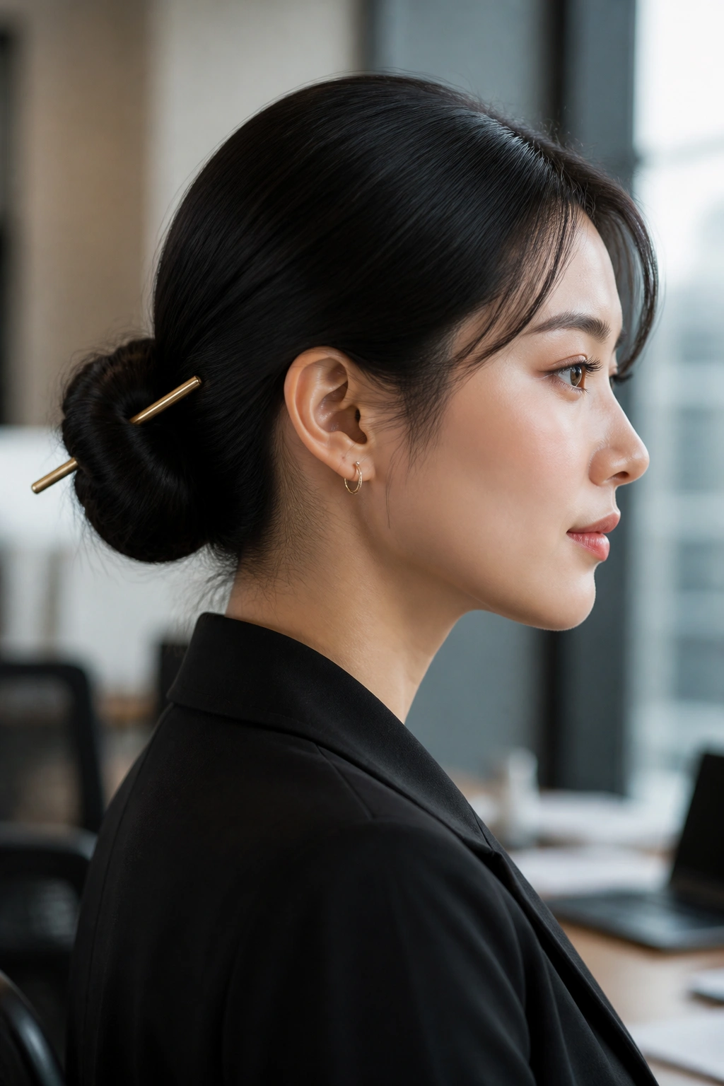 Close-up of a woman with a sleek low bun secured by a hair stick.