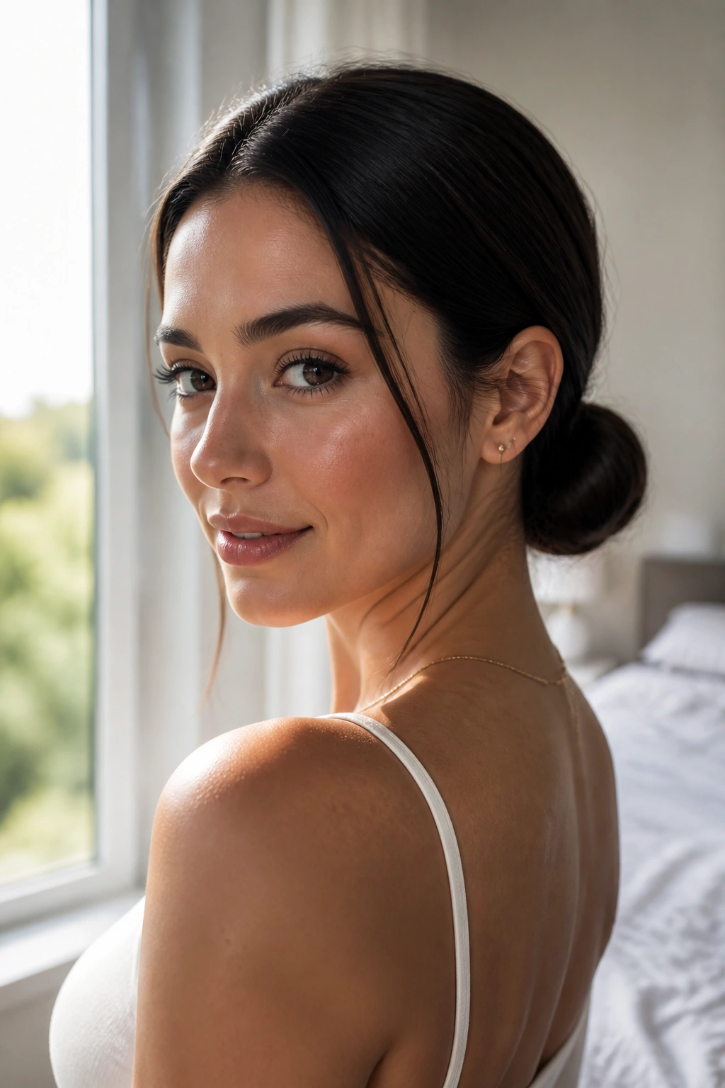 Close-up of a real person with a sleek low bun at the nape, in natural window light.