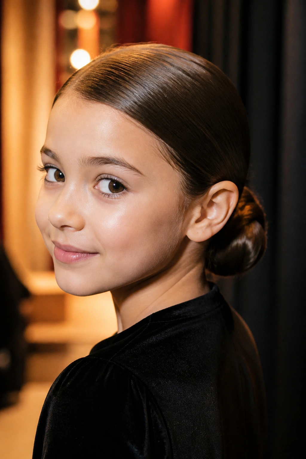 Close-up of a real child with a sleek low bun at the nape