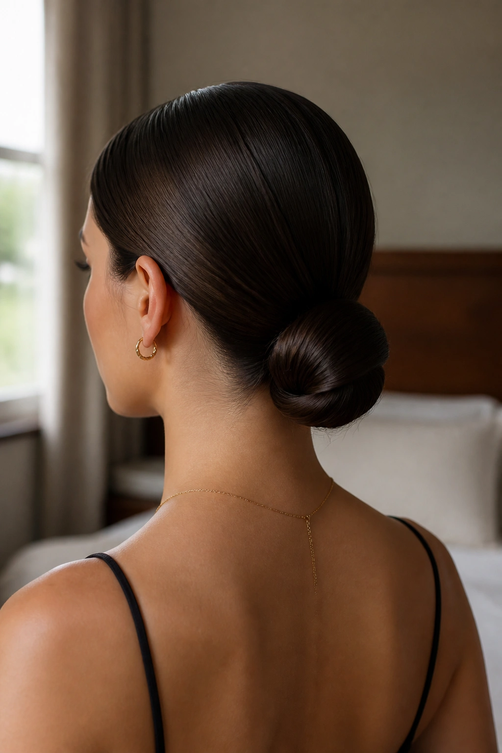 Close-up portrait of a woman with a sleek low bun at the nape of the neck, soft window light.