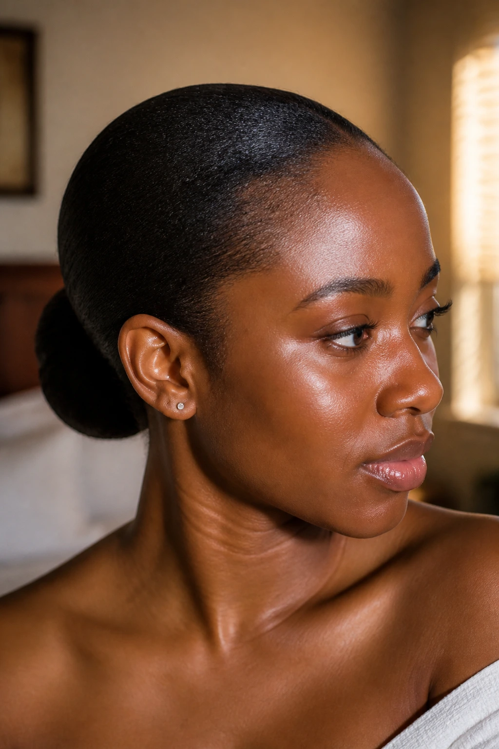 Close-up of a real woman with a sleek low bun at the nape, smooth 4C hair and warm window light