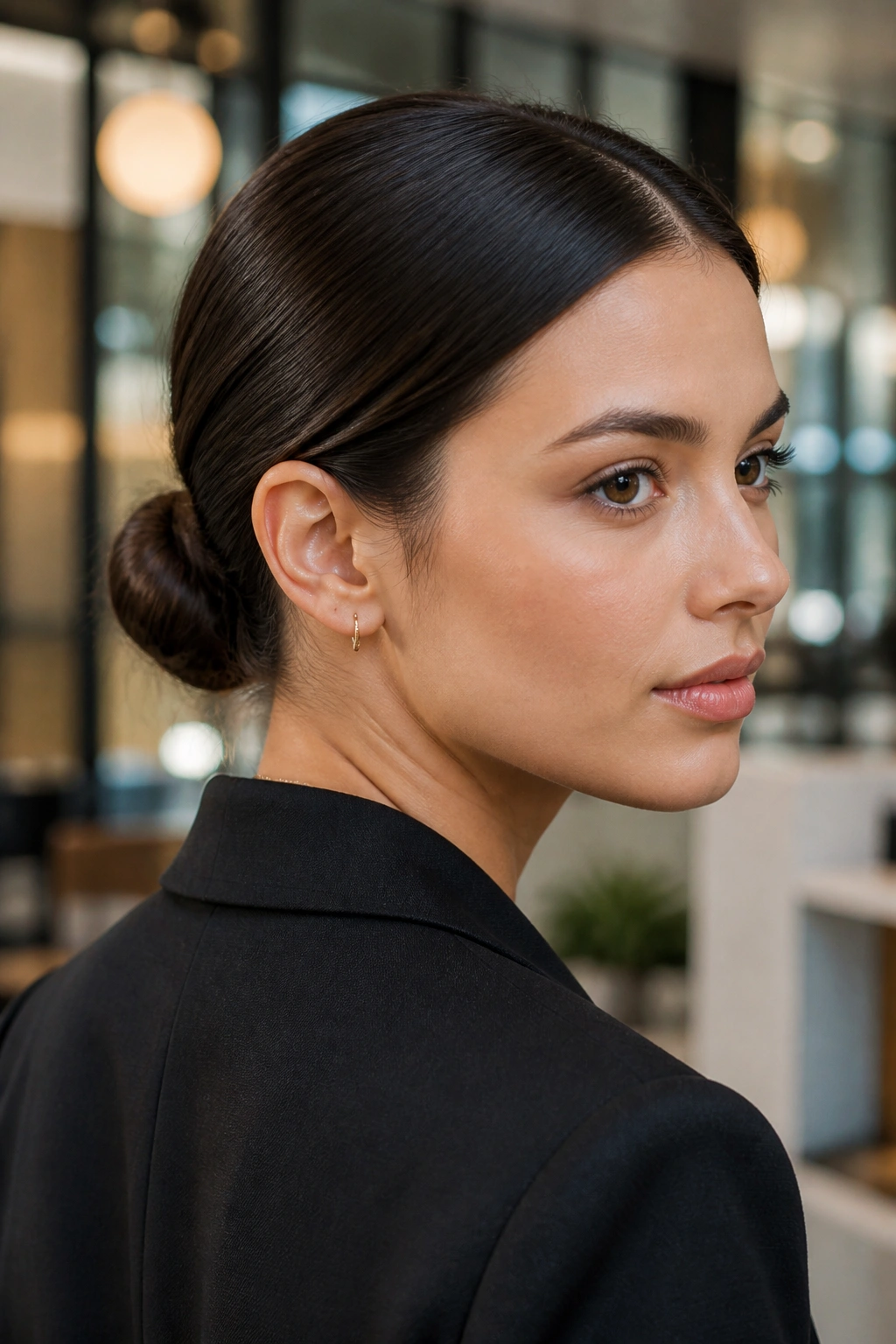 Close-up of a real woman with a sleek low bun at the nape