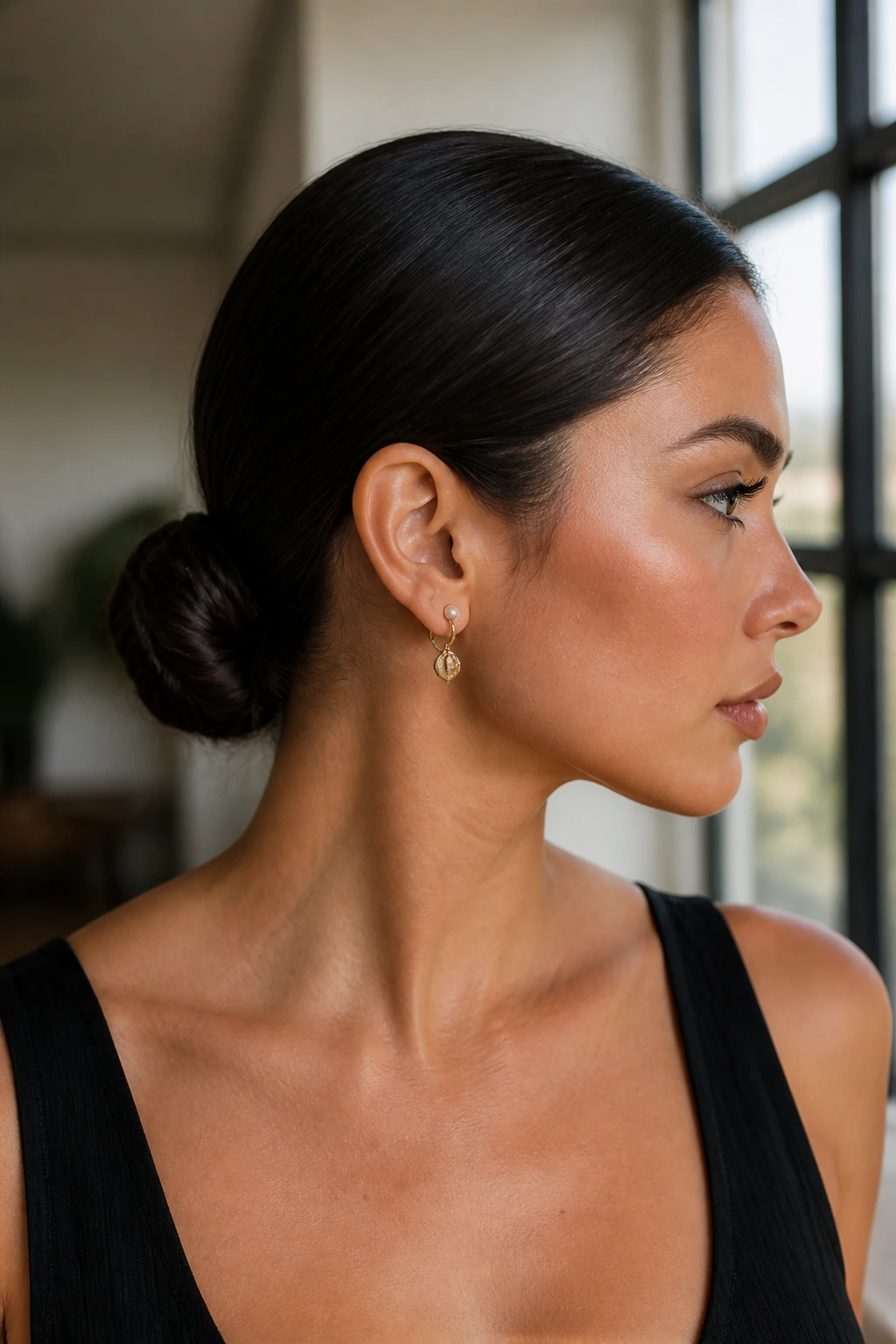 Close-up of real woman with sleek low bun at nape