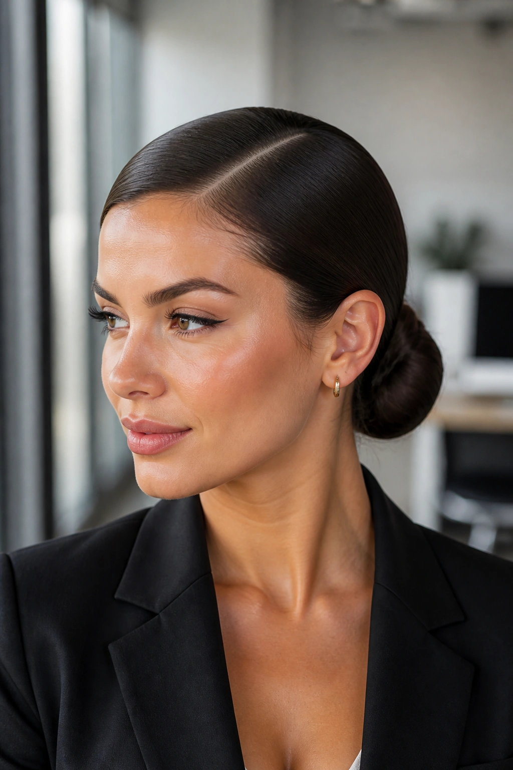 Close-up of a real woman with a sleek low bun and deep side part