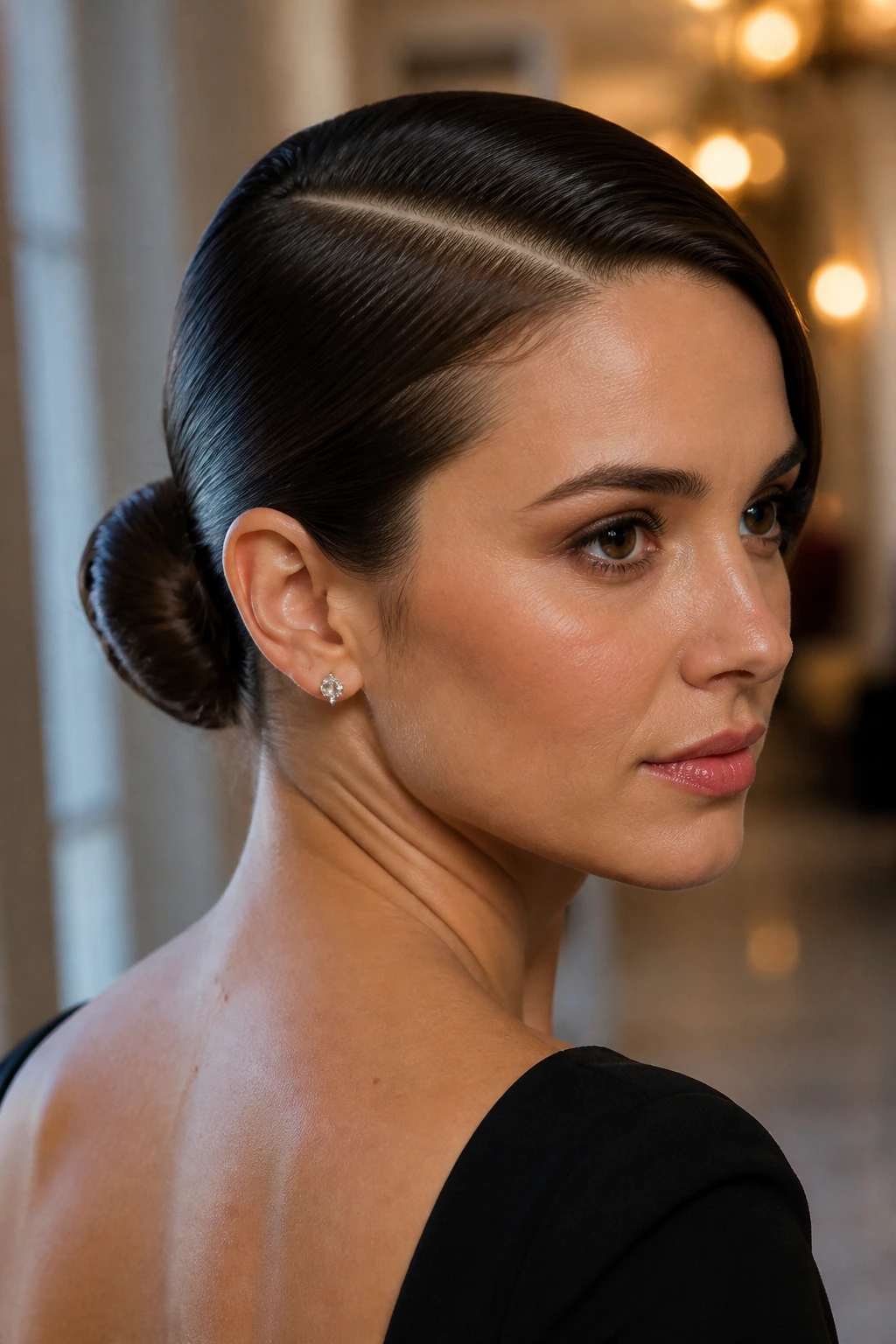 Close-up of a real person with a sleek low bun and deep side part.